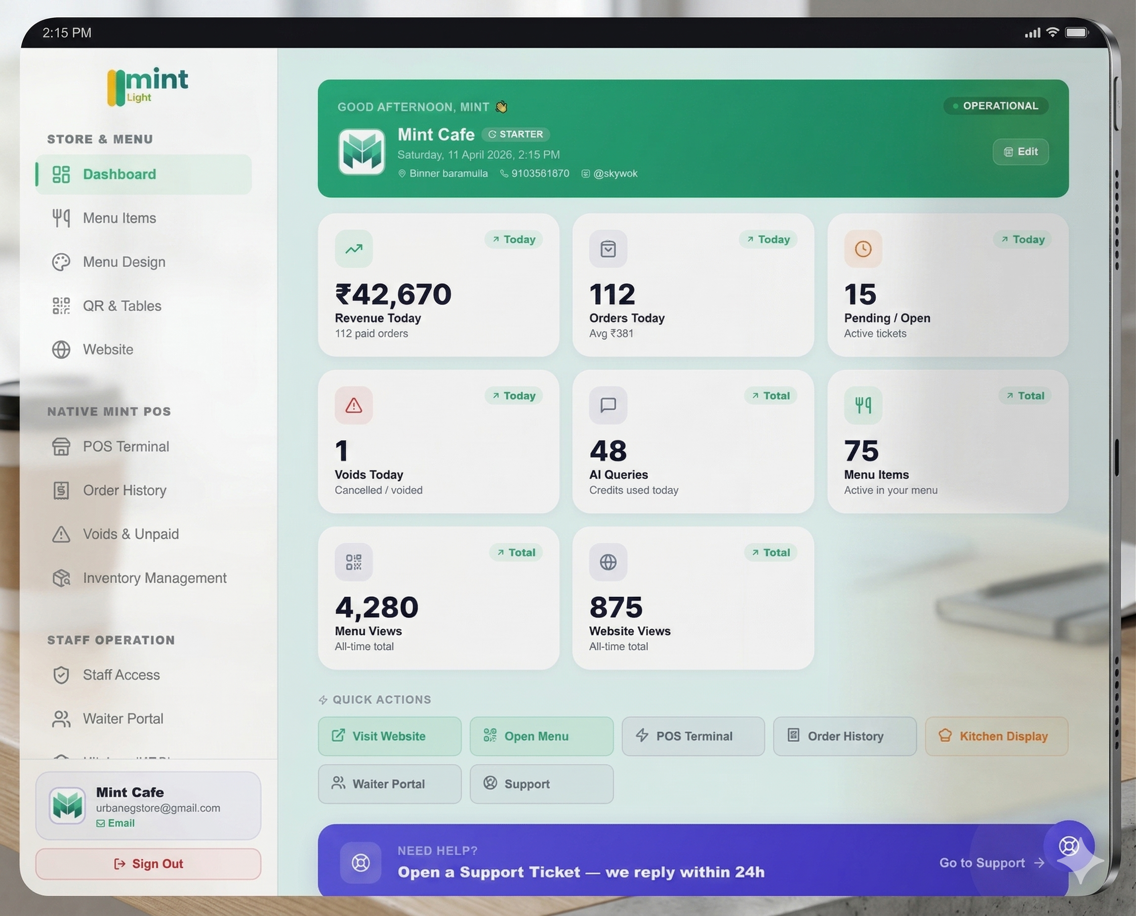 Mint Light restaurant management dashboard showing analytics, orders, and menu management
